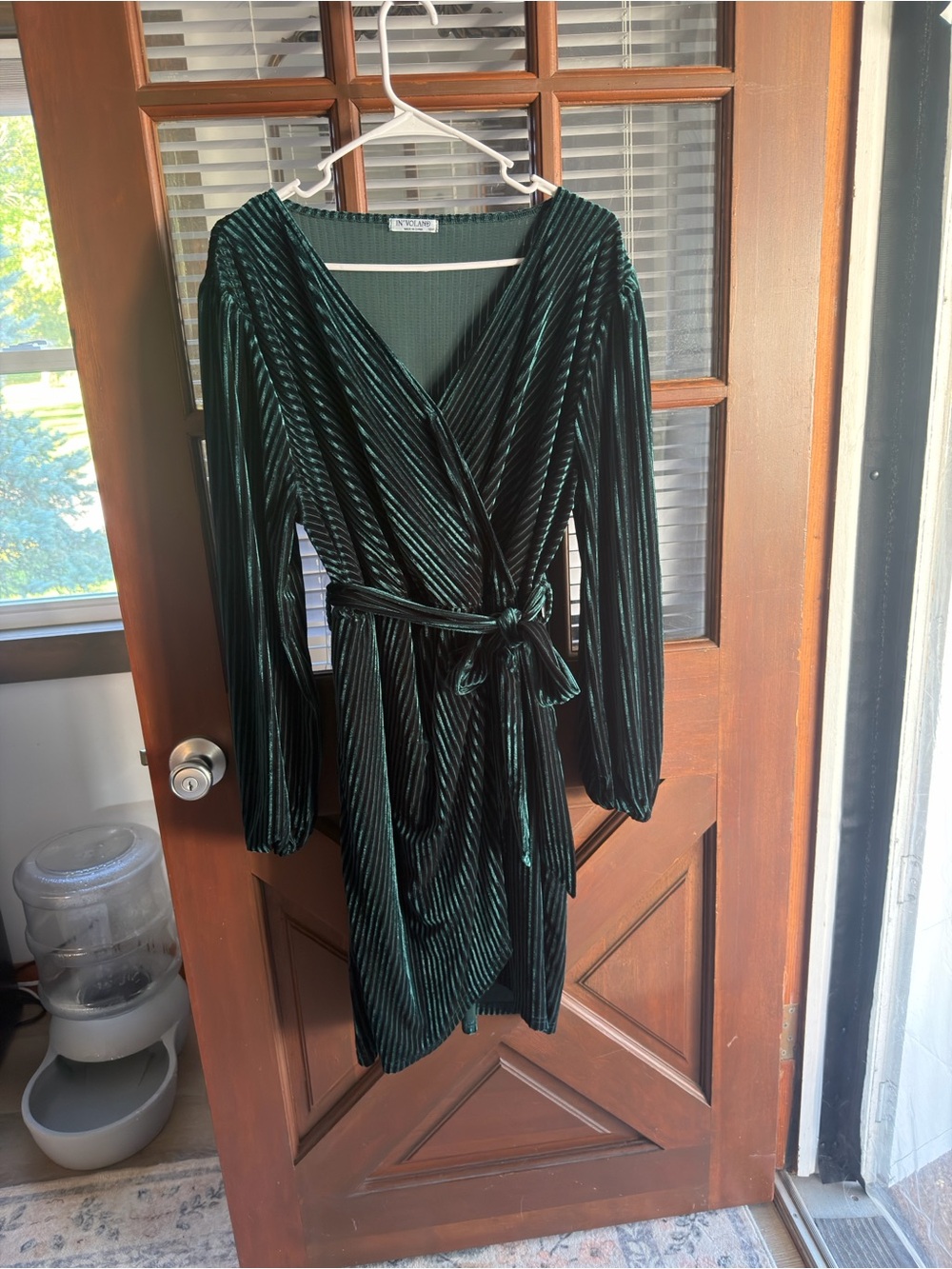 Emerald Green Velvet Wrap Dress with Tie Belt